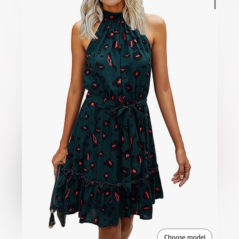 Halter-Neck Midi Dress in Dark Green with Red Accents